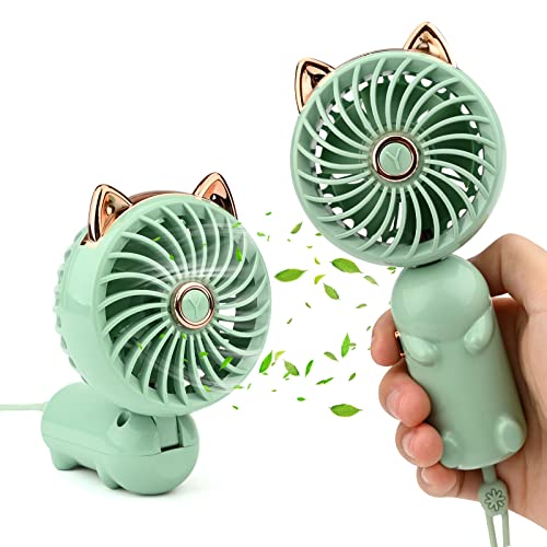 Gukasxi Tragbarer Handventilator Faltbarer Mini USB Ventilator mit Wiederaufladbarem Akku Klein 3-Gang Tischventilator für Büro, Innen, Außen, Reisen, Make-up (Grün)