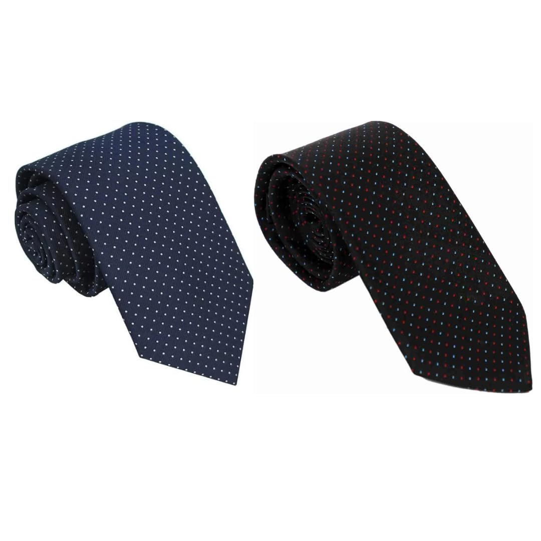 Polka Dot Formal Tie for Men & Boys | Stylish Necktie for Weddings, Office & Casual Wear | Tie Set of Blue & Black with red and light blue polka dots | Pack of 2-image-48