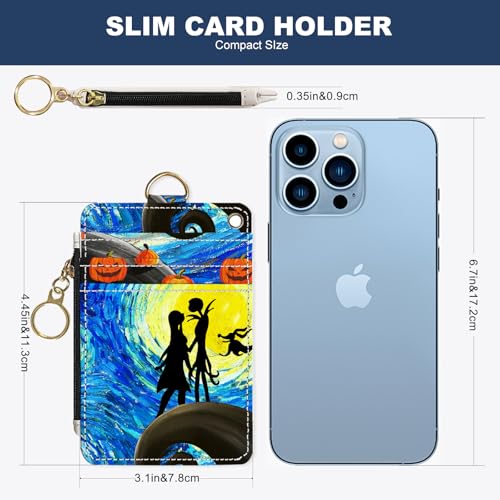 Image of Slim Wallet Credit Card Holder, Stars and Couples, RFID Wallet Women Cute Small Front Pocket Wallet With Zipper, PU Leather Thin travel RFID Blocking Card Case ID Window,Ladies Gifts