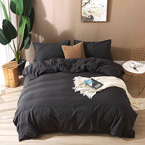 Image of F.Y.Dreams 100% Washed Cotton Duvet Cover for Weighted Blanket 80x87 inches with 16 Ties, Zipper on Long Side /Black Grey /Just Duvet Cover