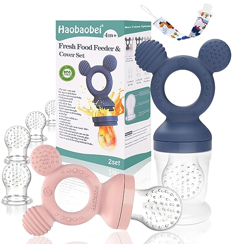 Image of HAOBAOBEI Baby Fruit Feeder, Frozen Teething Toys for Babies, Baby Teether Pacifier with 4 Extra Teats, Baby Eating Essentials, BPA Free Baby Feeding Supplies - 2-Pack (Blue Pink)