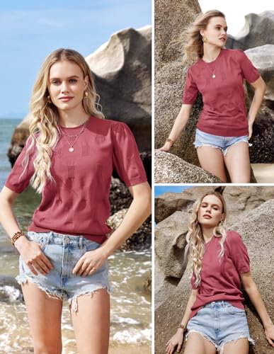 Image of Arach&Cloz Women's Short Sleeve Crew Neck Sweaters Trendy Teacher Work Tops | Lightweight&Breathable Fabric, Texture Knit Design, Relaxed Fit, Business Casual Outfits, Teacher Work Tops Fall 2026