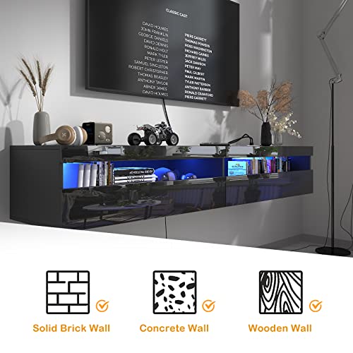 Floating TV Stand, Wall Mounted TV Shelf with Led Lights & Power Outlet, 71" Modern Entertainment Center Media Console with Storage, High Gloss TV Cabinet for 65/75/80 inch TV