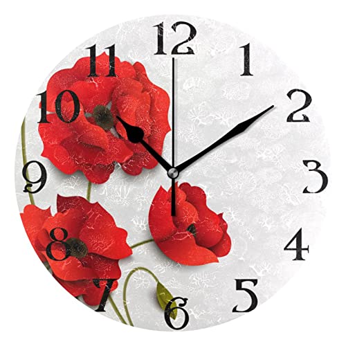 Mnsruu Large Wall Clocks, Red Poppy Flowers Non Ticking 25cm Clock Silent Clocks Atomic Analog Clocks Living Room Kitchen Bedroom Office Home Decor Easy to Read