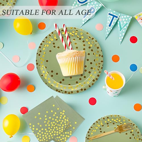 DTGDASCF Happy Birthday Paper Plates and Napkins - 7 Inch Sage Green Gold Dot Paper Plates and 6.5 Inch Napkins with 6.3 Inch Forks Disposable Tableware Set for Birthday Party Decorations - Image 3