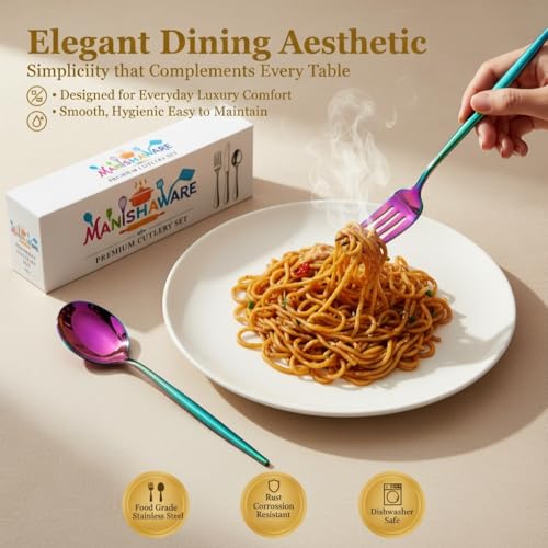 Image of Classic Rainbow 24 Pcs Stainless Steel Cutlery Set for Dining Table, Dishwasher Safe Glossy Flatware (Perfect Spoon Fork Set)