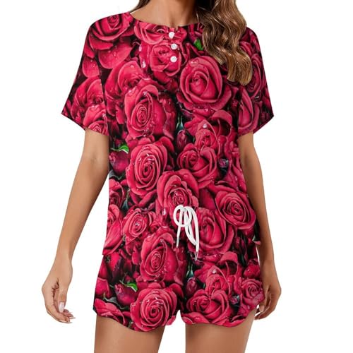 Ensemble pyjama femme rose rouge en sleepwear d'été aux finitions soignées et légères
