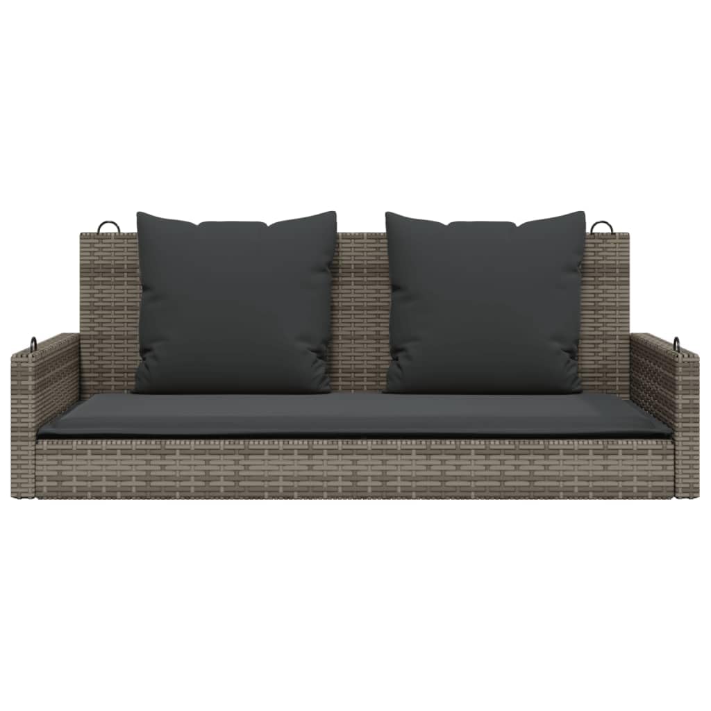 Banco balancín gris 119 x 56 x 48 cm de ratán sintético con cojín acolchado, resistente a la intemperie, para balcón, terraza y jardín, banco de asiento relajante con función balancín