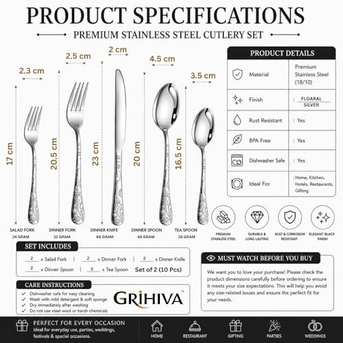 Image of 10 Pcs Silver Floaral Stainless Steel Cutlery Set for Dining Table with Spoons and Forks Set + Butterknives - The Perfect Tableware /Flatware