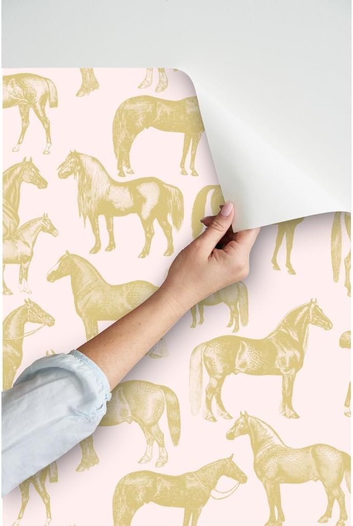 Peel & Stick Wallpaper 3ft x 2ft - Pink Gold Horses Horse Pony Equestrian Pattern Custom Removable Wallpaper by Spoonflower