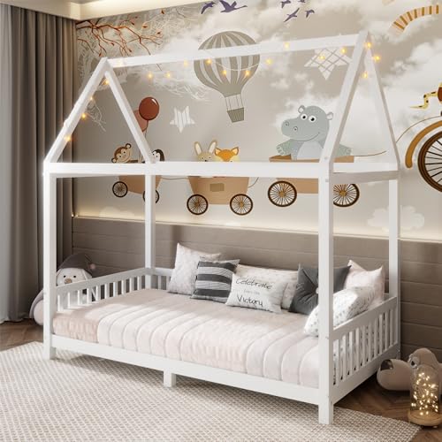 Merax Twin Size House Bed for Kids?Wood Platform Bedframe with Light and Guardrail for Toddlers Teens Girls Boys, No Box Spring Needed, White