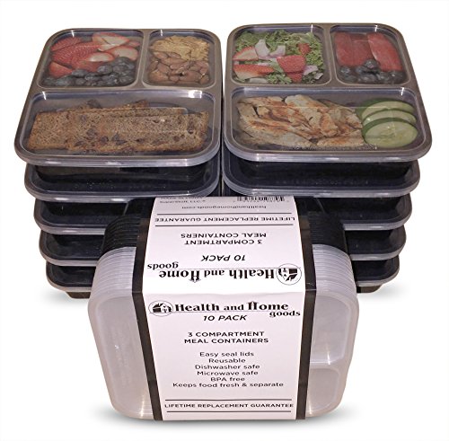 10-Pack 3 Compartment Portion Control Containers w/Sealing Lids. Lifetime Replacement Guarantee. Makes Perfect: Bento Box, Lunch Box and Food Storage Container. by Health and Home Goods.