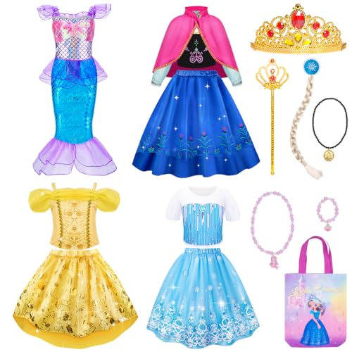 Meland Princess Dress Up - Dress Up Clothes for Girls with Princess Toys, Christmas Birthday Gift for Girls Age 3-8 Year Old (4 Princess with Bag)