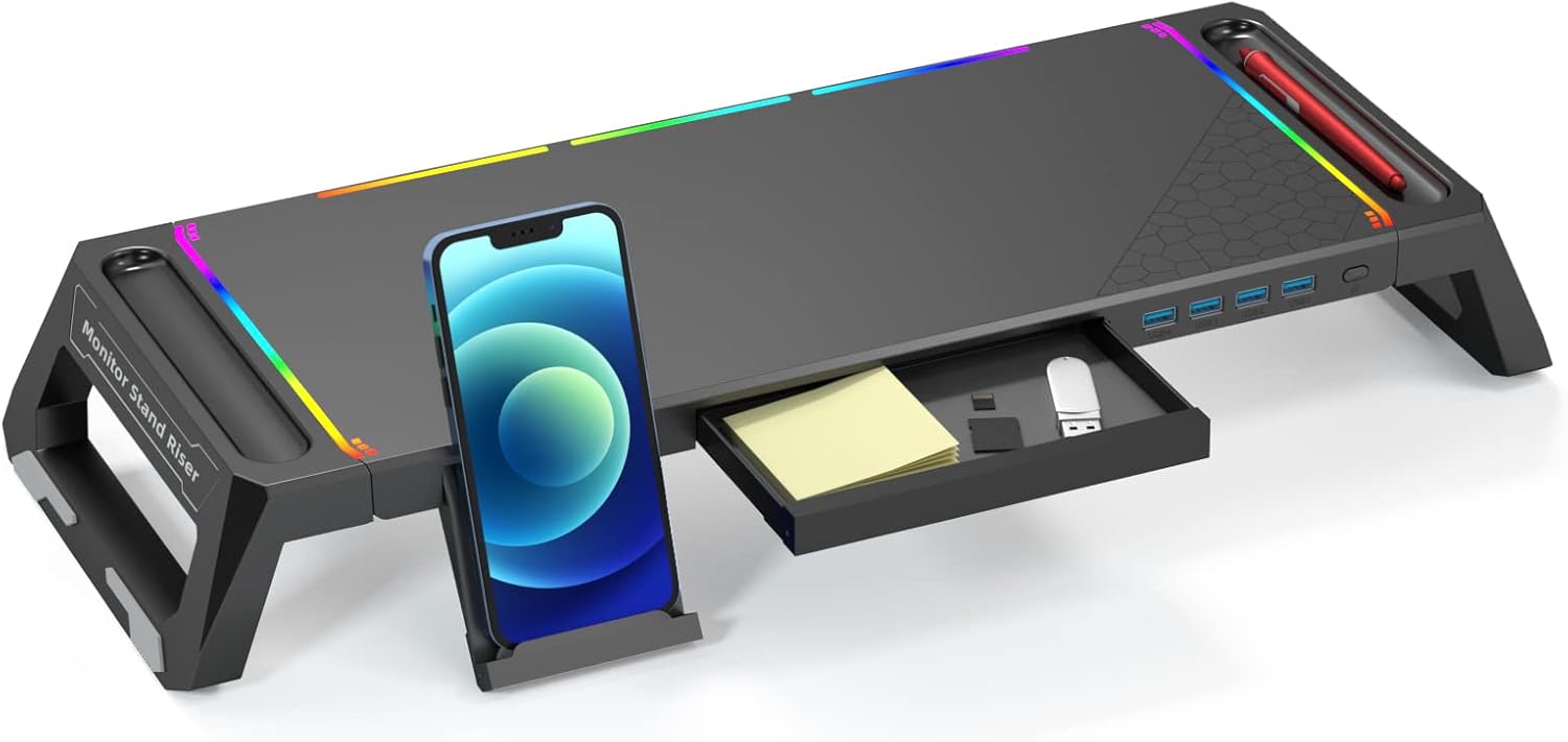 AICHESON Computer Monitor Stand Riser RGB Gaming Lights with 4 USB 3.0