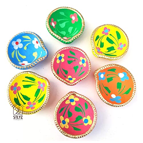 Image of Colourful Handmade Diyas for Diwali (51 Pcs) Hand Painted Decorative Clay Mitti Diya Deepak Lanterns for Diwali Decoration
