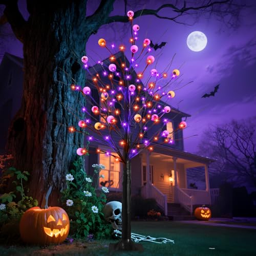 6FT Halloween Decorations Spooky Tree Lights Large Black Trees with 144 Orange & Purple LEDs Light up Artificial Tree with Time Function for Outdoor Indoor Home Party Decor