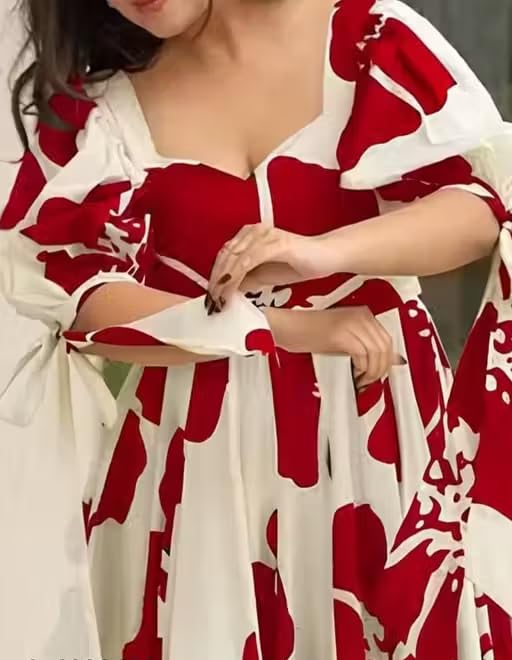 Image of Women Floral Printed Tiered Maxi Dress with Puff Sleeves, Empire Waist, Tie-Up Detail, Flared Long Dress for Casual Wear, Summer Outings, Vacation & Resort Wear - Causal Gown for Women