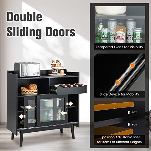 TANGZON Storage Cabinet, Kitchen Sideboard with Wine Rack/Drawer, Glass Doors & Adjustable Shelves, Wooden Buffet Cupboard for Dining Room, Living Room or Hallway (with Wine Rack, Sliding Doors, 90x40x92cm) - Image 5