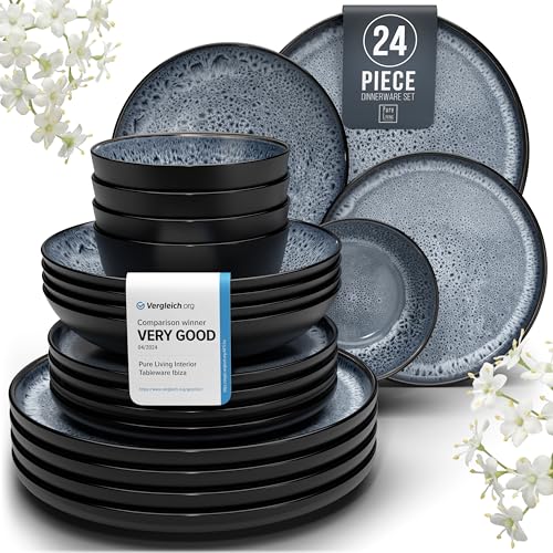24 Piece Dinner Sets for 6 People - Beautiful Mediterranean Style Stoneware Dinner Set for 6 - Dishwasher & Microwave Safe Plates and Bowls Set for 6 - Dinnerware Sets by Pure Living in Smokey Blue