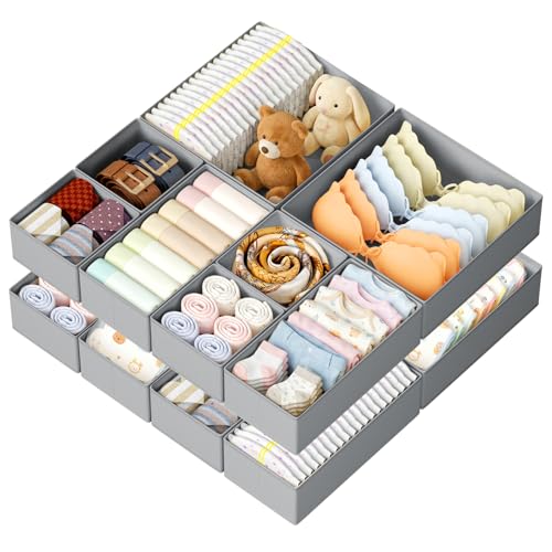 Image of DIMJ Drawer Organizer Clothes, 12 Pack Dresser Organizer, Foldable Closet Organization and Storage Dividers, Fabric Dresser Drawer Organizers for Underwears, Nursery, Baby Clothes, Socks, Tie (Grey)