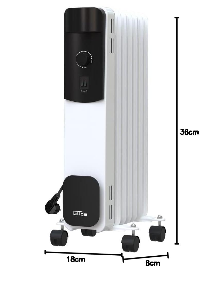 Güde Radiador de aceite OR 1500-7 (220-240 V, 1500 W de potencia de calentamiento, 3 niveles de calor (600/900/1500 W), 7 costillas, termostato continuo, protección contra vuelco y sobrecalentamiento,