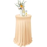 Tegeme 1 Pack 32 x 43 Inch Round Spandex Cocktail Tablecloths with Skirt Cocktail Round Table Cover Spandex Stretch Tablecloth for Fitted High Top Table Bar Wedding Party Banquet (Champagne)