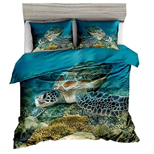 Sticker Superb 3D Mer Tortue Parures de Lit avec Taie d'oreiller 1 Persona,Monde sous-Marin Bleu Fond de Récif de Corail Housse de Couette Enfant Jeunesse...