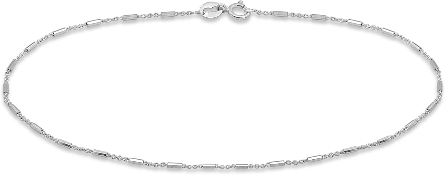 SEA OF ICE Sterling Silver Diamond-Cut Bar Station Rolo Chain Anklet - 1mm Anklet Size 9", 10" and 11" Italy - Nickel-Free Jewelry