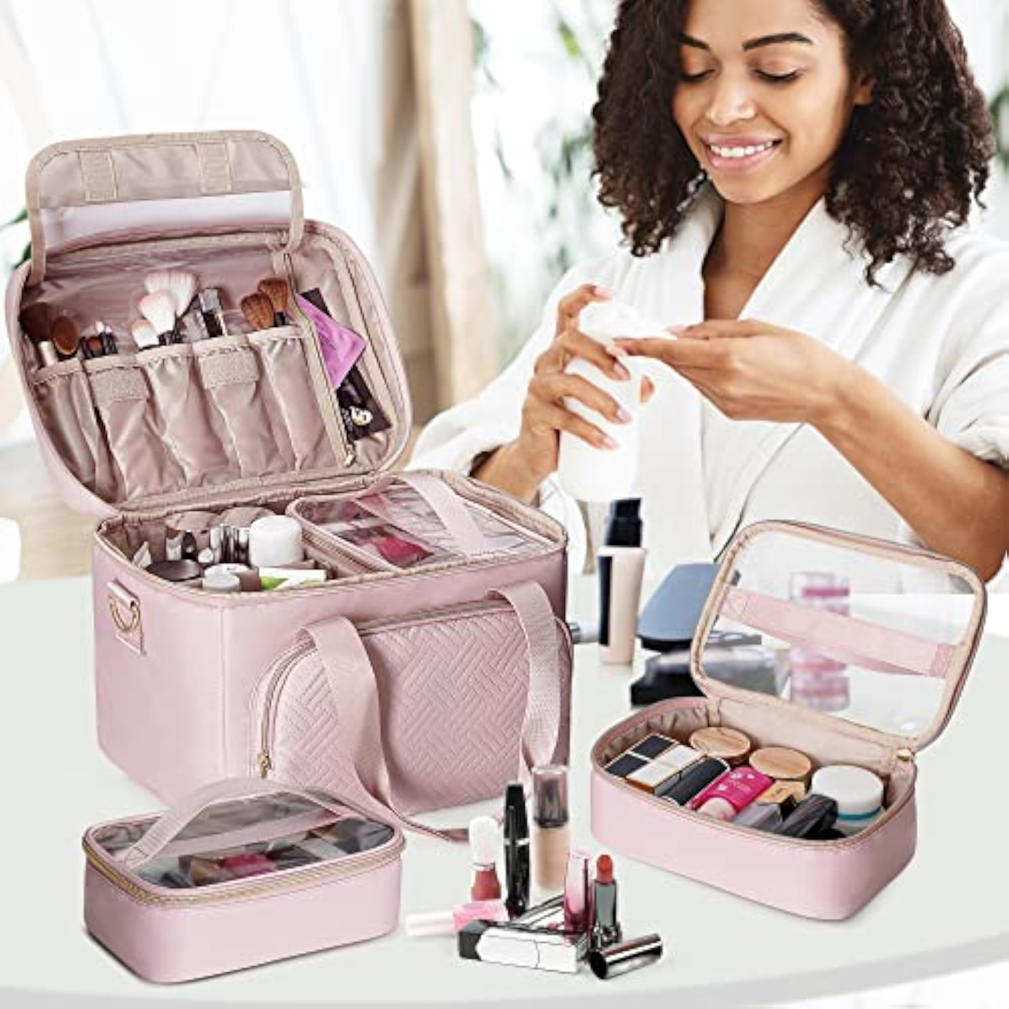 Travel Makeup Bag with Adjustable Dividers, Large Cosmetic Organizer