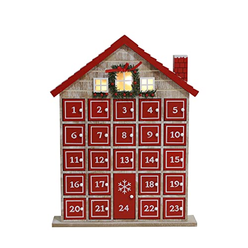 Image of PE Red Christmas Wooden Advent Calendar House with 24 Storage Drawers Holiday Decoration Gift Organizer with LED Lights