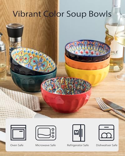 Cereal Bowls Set of 6, Ceramic Soup Bowls 26 oz Colorful Fluted Bowls Set for Kitchen, Dishwasher & Microwave Safe for Cereal, Soup, Oatmeal, Ice Cream, Salad, Pasta - Image 5