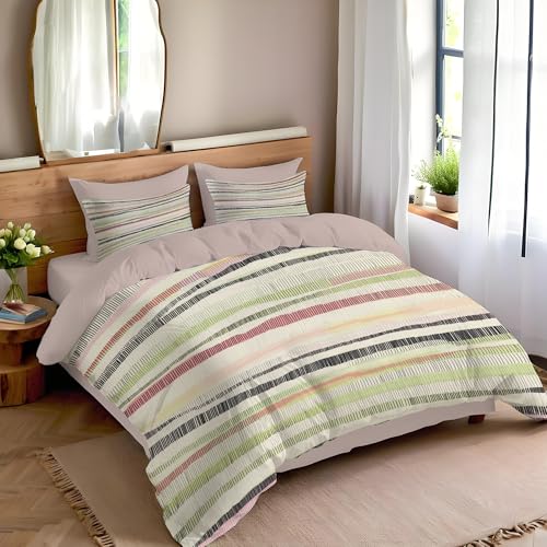 Housse de couette 240x260 zippée microfibre infroissable rayée vert riz - 3