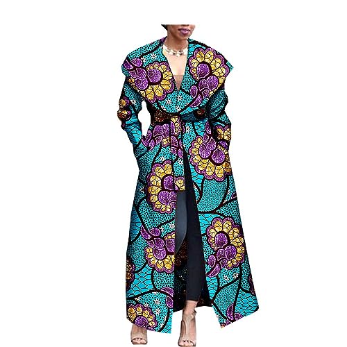 African Women's Print Coat Ankara Long Sleeve Jacket Maxi Coat with Belt Dashiki Casual Outwear