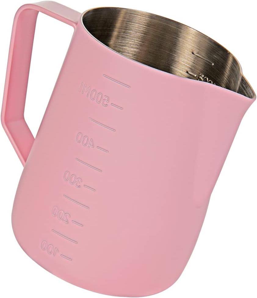 Espresso Steaming Pitcher 600ml, Milk Frothing Pitcher Stainless Steel With Measurement, Milk Frothing Cup, Coffee Jug, Latte Art, Pink