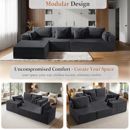 Image of 138 inch Oversized Cloud Sectional Couch, Comfort L Shaped Boneless Couch for Living Room, Extra Deep Seats No Assembly, Minimalist Modular Sofa, Corduroy (Dark Grey, 3 Seater+Right Facing Chaise)