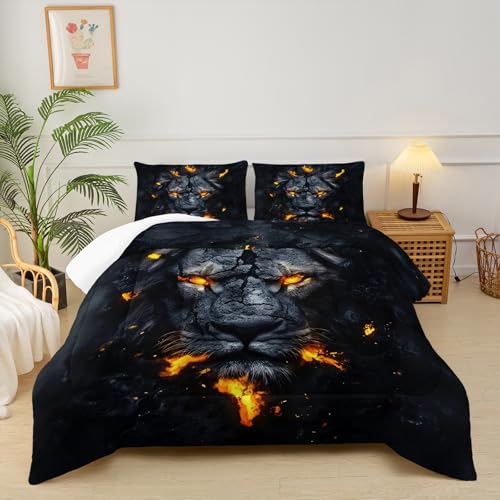Image of Black & Gold Queen Comforter Set Lion,Lion Queen Size Bedding Set,with 1 Comforter with 2 Pillow Case,Animal Bedroom Decor for Boys Kids Man