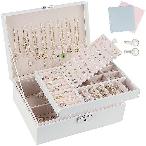 TEIVUL Joyero, organizador de joyas de piel sintética de 2 capas con 2 llaves y paño de limpieza, adecuado para anillos, aretes, collares, pulseras, accesorios, joyero, regalo para mujeres y niñas