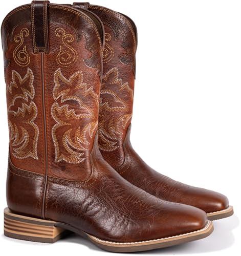 Cowboy Boots For Men Full Cowhide Leather Western Square Toe Mid-Calf Mid-Calf Pull on Classic Embroidered Boot