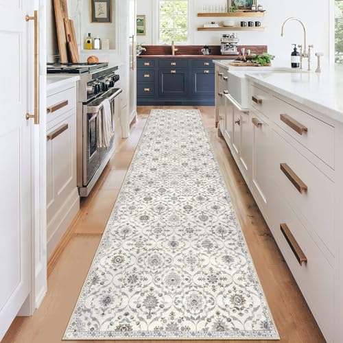 KILOCOCO 2.6x12 Runner Rug, Moroccan Super Soft Washable Hallway Entryway Runner Rug, Accent Print Faux Wool Kitchen Runner 12 Feet Non-Slip Boho Carpet for Laundry Room Bedroom, Cream Beige Grey