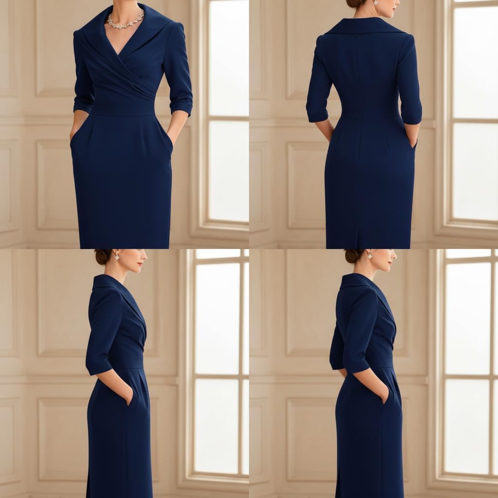 Women's Navy Blue Collar V Neck Bodycon Midi Dress 3/4 Sleeve Wrap Waist Dress with Pockets for Professional Office, Business & Work Wear
