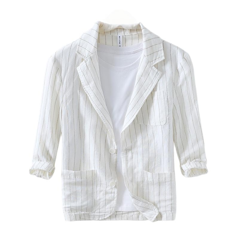 Genérico Blazer Hombre, Chaquetas Tipo Blazer De Algodón Y Lino para Hombre, Elegantes Chaquetas De Traje A Rayas con Dos Botones, Ligeras, De Manga Tres Cuartos, Estilo Deportivo, Corte Regular,