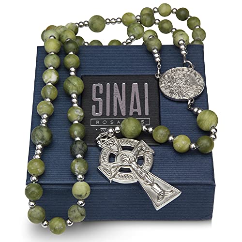 St Patrick Green Jade Rosary, Irish Rosary with Stainless Steel Celtic Cross and Medal2
