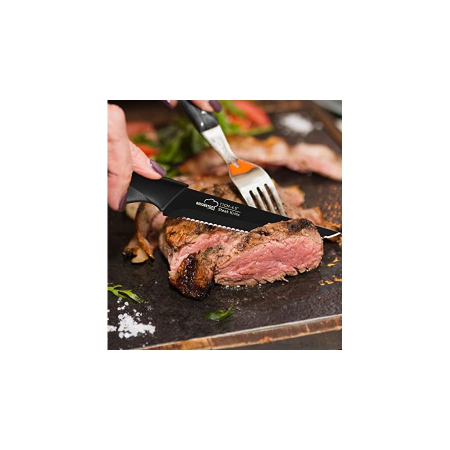 Steak-Knives-Set-of-8-Stainless-Steel-Steak-Knife-Set-Serrated-Steak-Knives-Dishwasher-Safe-Elegant-Black Amorston Steak Knives, Steak Knives Set of 8, Stainless Steel Steak Knife Set, Serrated Steak Knives Dishwasher Safe, Elegant Black