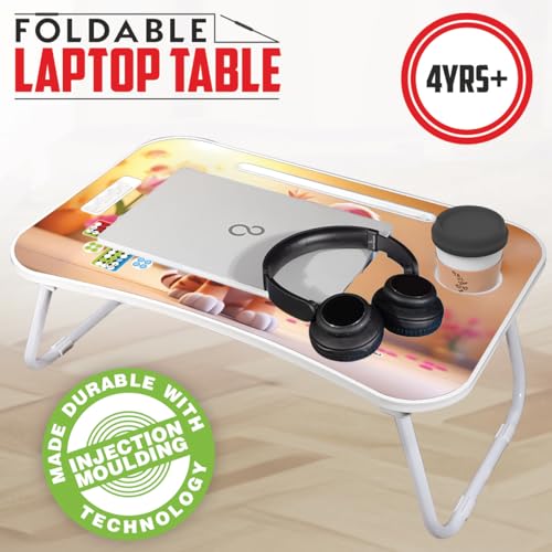 Image of Amazon Brand - Jam & Honey Foldable Laptop Table for Kids 4+ Years, Portable Study Bed Desk with Cup Holder, Tablet Stand & Ludo Game, Cute Lion Design, BIS Certified Child Safe