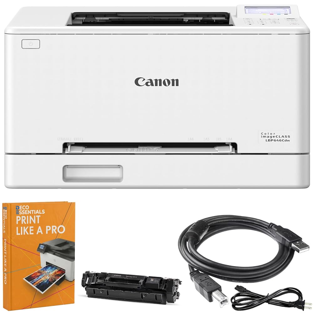 Canon imageCLASS LBP646Cdw Wireless Color Laser Printer - Single Function, Auto 2-Sided Duplex, 26 ppm, Mobile Print (AirPrint/Mopria) - Bundle with Deco Gear Printing eBook &amp; 6FT USB Cable