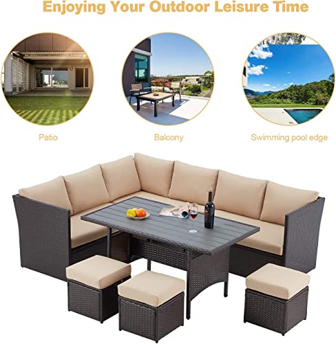 Image of DEVOKO 6-pcs Conversation Wicker Sofa Wooden top Dining Table, Outdoor Patio Furniture Set with Cushions for Garden, Poolside, Balcony (Dark Brown and Cream)