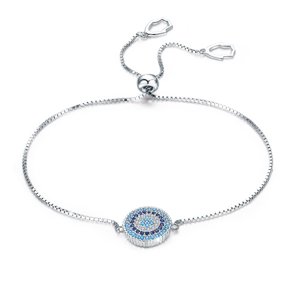 BISAER925 Sterling Silver Blue Evil Eye Bracelet with Cubic Zirconia Hamsa Adjustable Chain Bracelets for Women