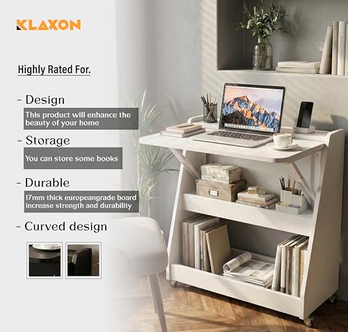 Image of Klaxon Foldable Study Table with Drawer & Storage Shelf | Compact Desk for Home & Students | Folding Design with Lockable Wheels. (Black, DIY Installation) (White, Mylo)