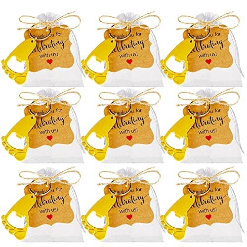 Amajoy Lot de 30 porte-clés empreinte de pied avec décapsuleur, cadeau prénatal, anniversaire, sac organza, étiquette