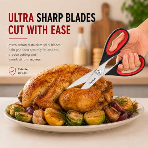 Image of iBayam Kitchen Scissors All Purpose Heavy Duty 2 Pack with Protective Sheath, Stainless Steel Shears Kitchen Utensils Set for Cutting Food Cooking Meat Poultry Dishwasher Safe Soft Comfort-Grip